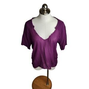 Raquel Allegra‎ Womens Gauzy Cotton Top Size Medium V-Neck Raw Edge Purple USA